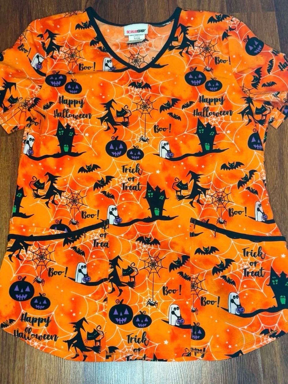 Scrubstar Orange Halloween Print Scrub Top